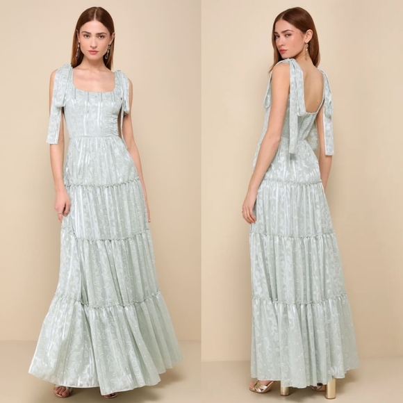 Lulus Picturesque Allure Sage Green Jacquard Tie-Strap Maxi Dress Wedding Party - Picture 1 of 9